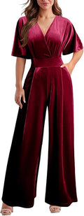 DAAWENXI Velvet V Neck Short Sleeve Jumpsuit - Elegant Wide Leg