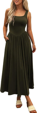 Women's Summer Maxi Dress 2025 Sleeveless Square Neck with Pockets