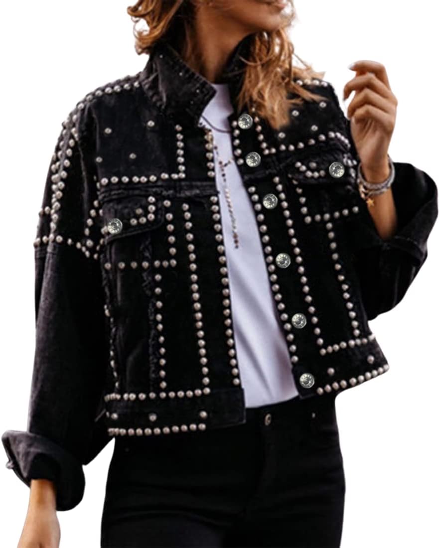 Dressy Rivet Studded White Cropped Jean Jacket for Women