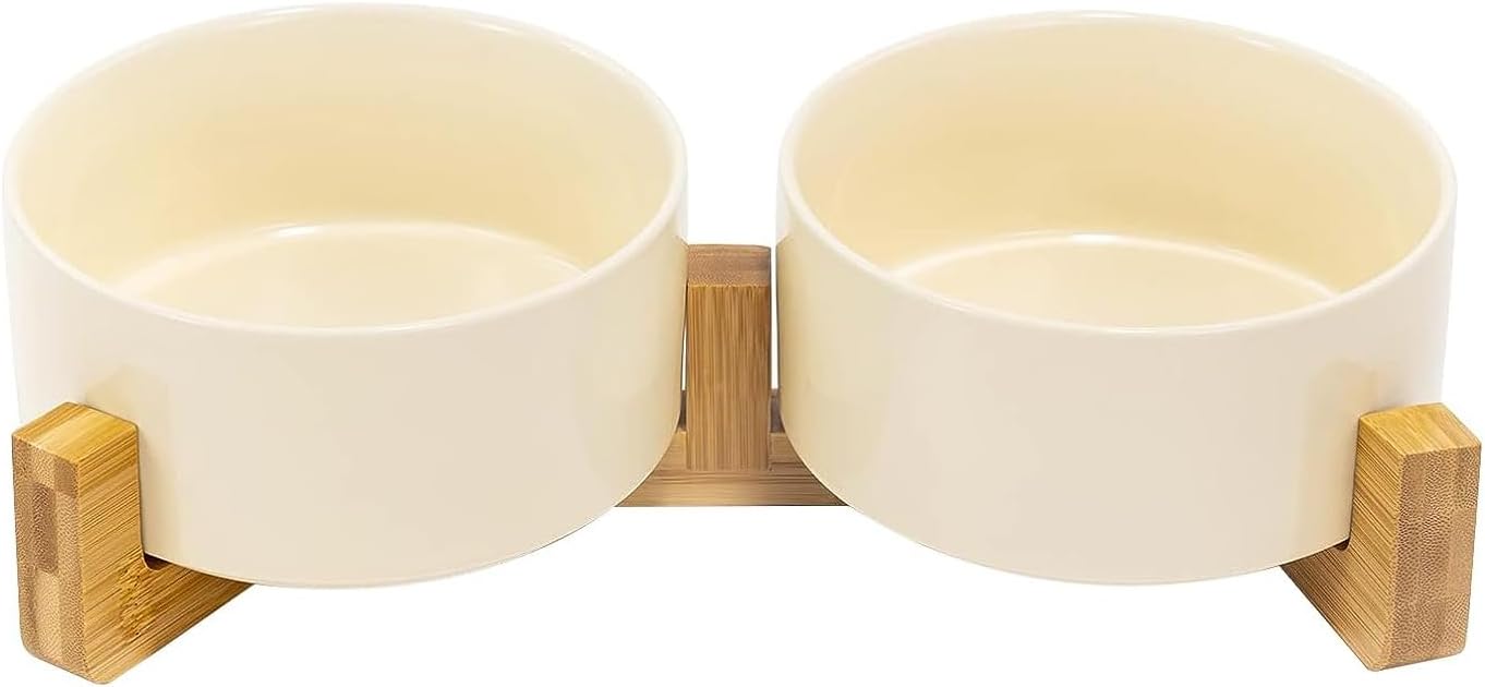 SPUNKYJUNKY Ceramic Dog and Cat Bowl Set with Wooden Stand
