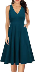 WOOSEA Women's Sleeveless V Neck Vintage Dress with Pockets