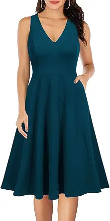 WOOSEA Women's Sleeveless V Neck Vintage Dress with Pockets