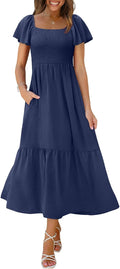 Summer Dresses for Women Square Neck Smocked Maxi Dress - Flattering