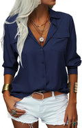 Veatzaer Womens Solid Lapel Long Sleeves Button Down Shirt