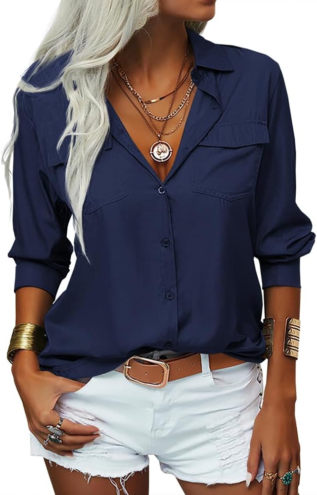 Stylish Womens Solid Lapel Long Sleeves Button Down Shirt Top