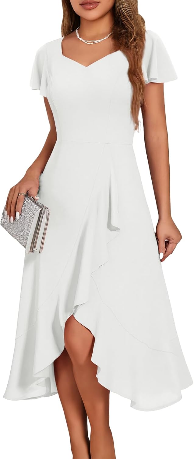 V Neck Formal Wedding Guest Dresses with Ruffle Sleeves
