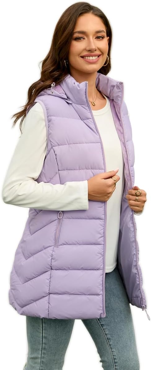 Long Puffer Vest for Women with Hood - Lightweight & Packable