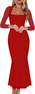 Women's Ruched Bodycon Mesh Maxi Dress - Sleek Evening Fit