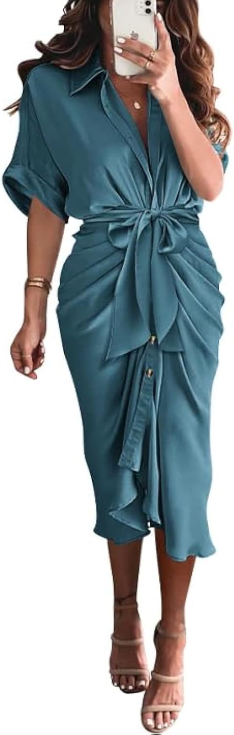BTFBM Women Button Down Ruched Satin Maxi Dress for Summer