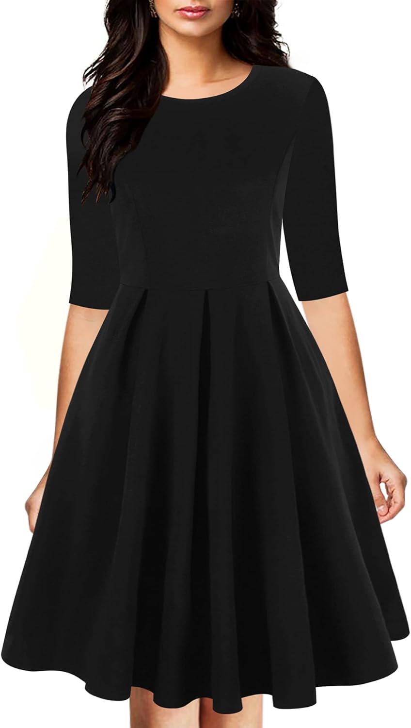 Oxiuly Women's Vintage Half Sleeve O-Neck Swing Dress with Pockets
