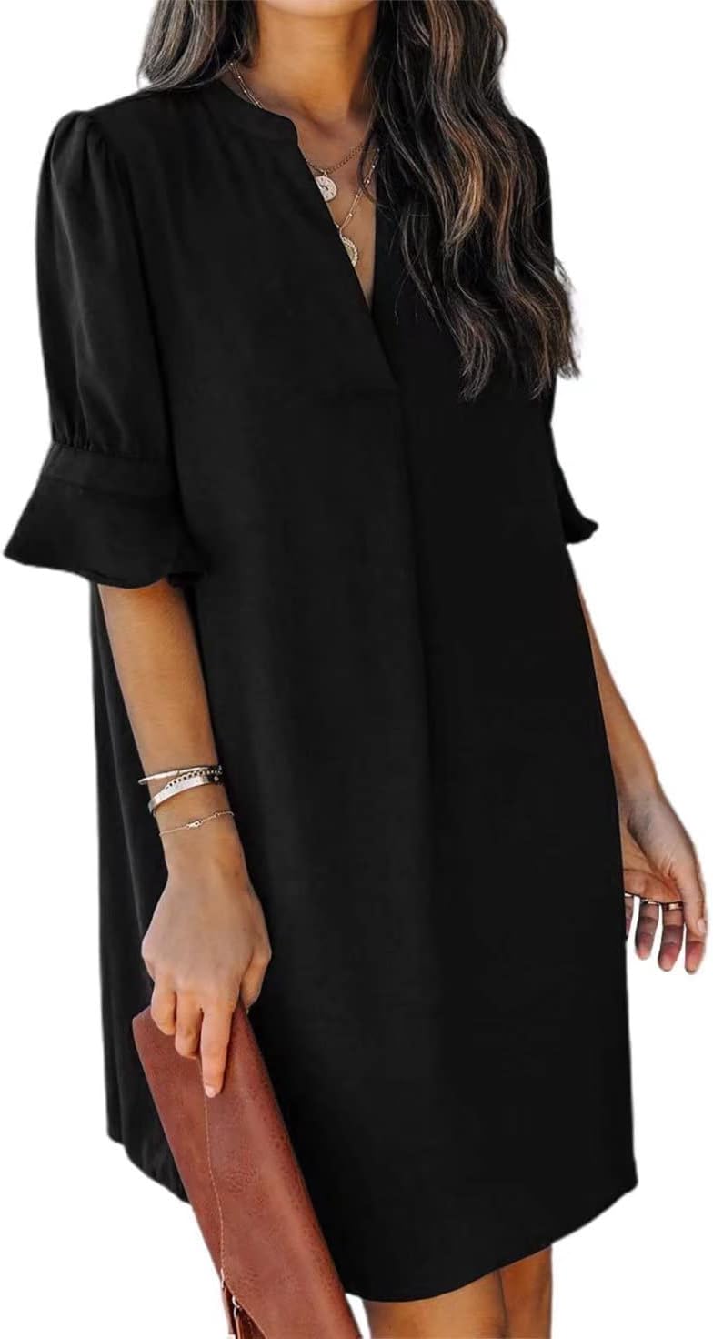 Wkior Shift Dress for Women V Neck Short Sleeves Casual Wear