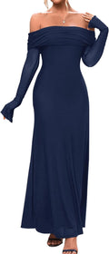 Off Shoulder Bodycon Maxi Dress for Women - Mesh Ruched Long Sleeve