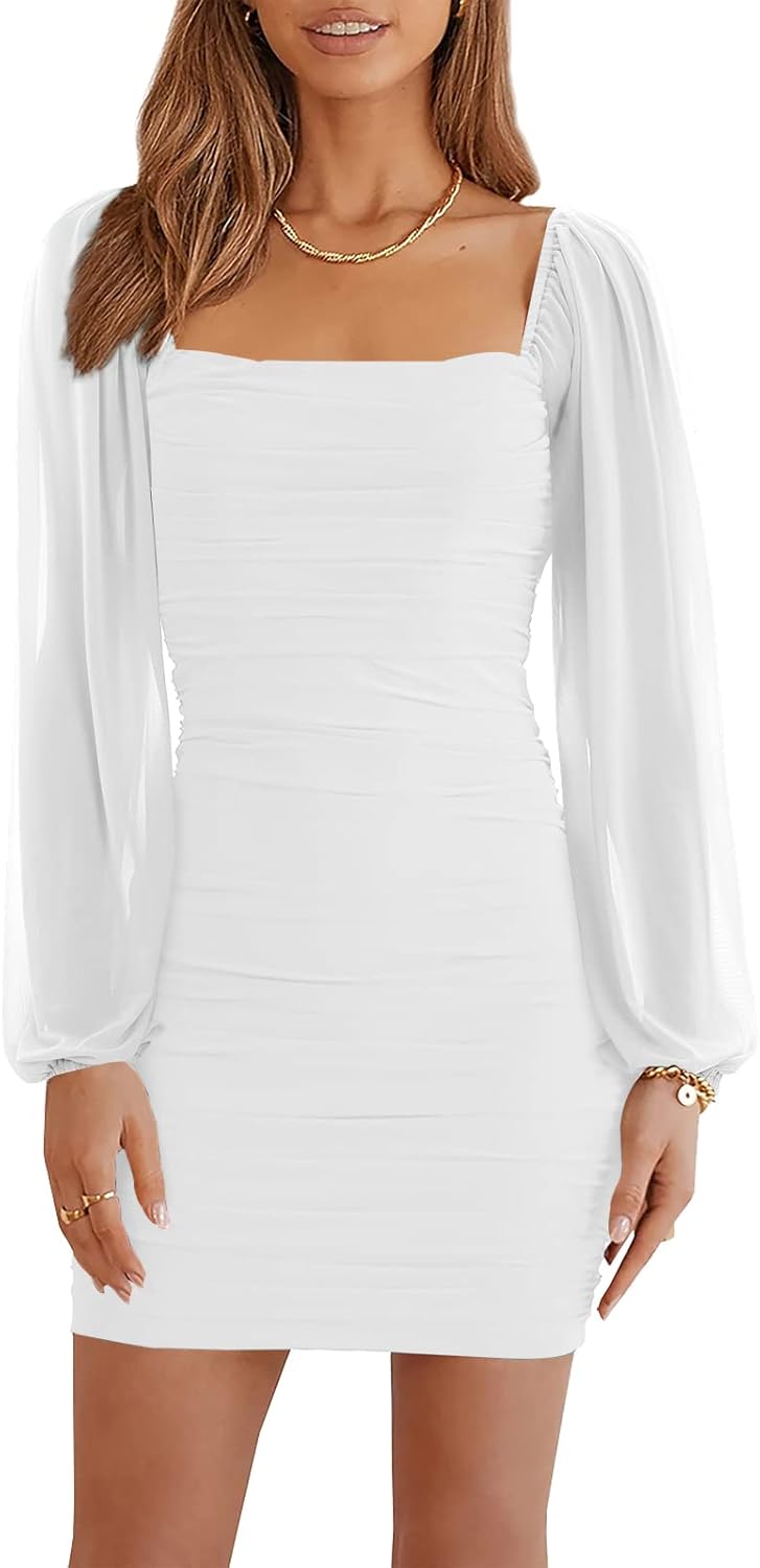 Wenrine Women's Mesh Long Sleeve Square Neck Bodycon Dress