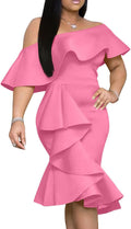 GOBLES Women's Off The Shoulder Ruffles Bodycon Midi