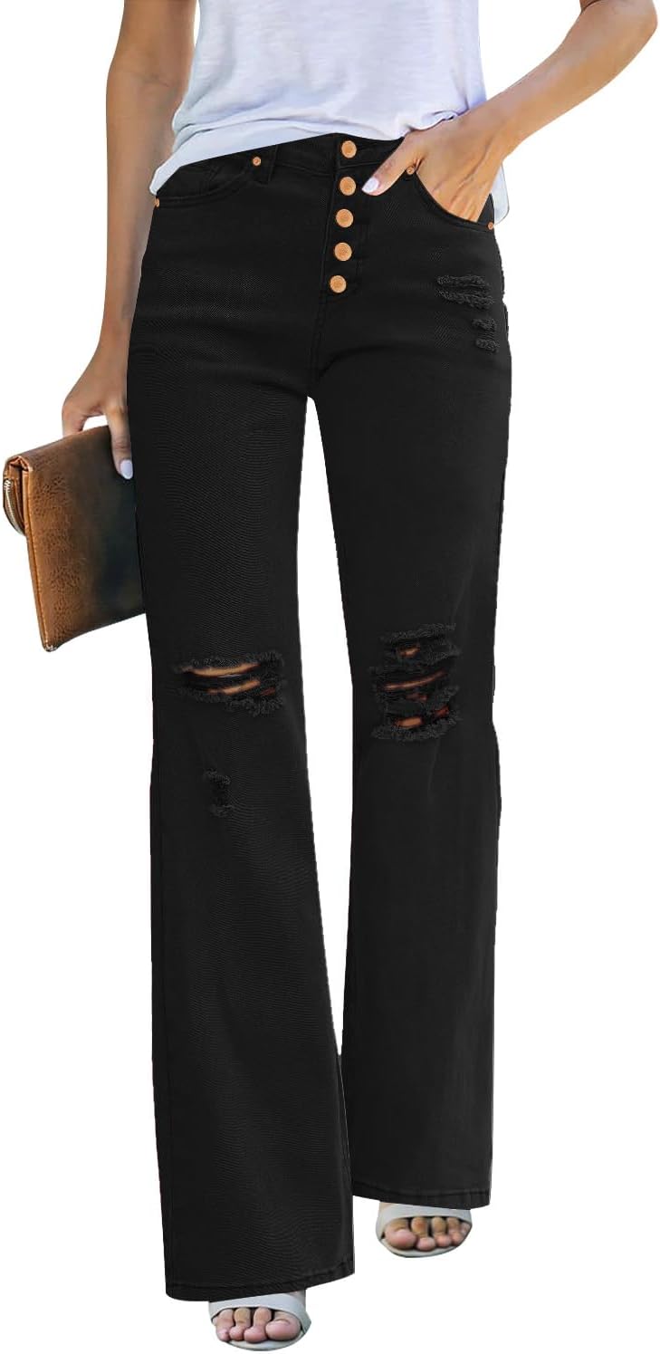 LookbookStore High Waisted Ripped Flare Jeans for Women