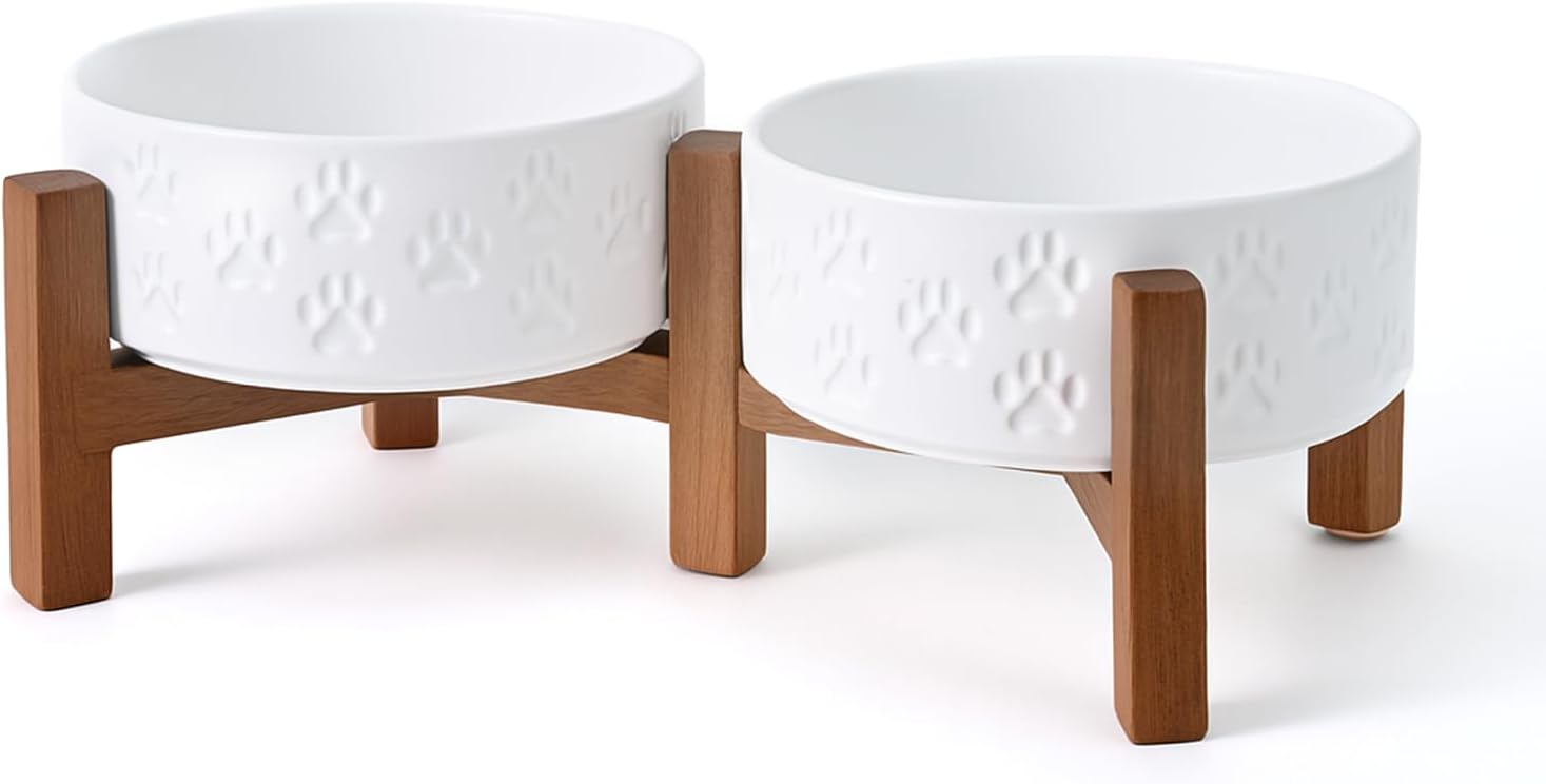 Elevated Dog Bowl Set with Acacia Wood Stand for Healthy Eating