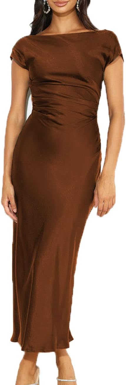 Elegant Satin Cap Sleeve Cowl Back Midi Dress for Women