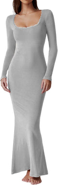 Ribbed Knit Scoop Neck Maxi Dress with Lace Details - Elegant Fit