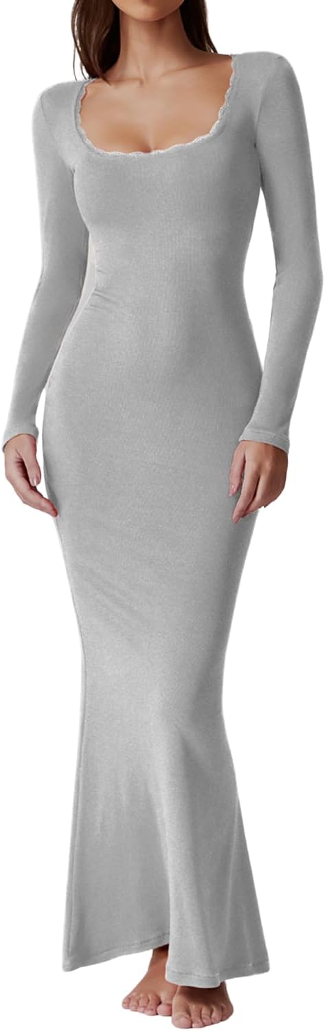 QINSEN Women's Ribbed Knit Long Sleeve Maxi Dress with Lace