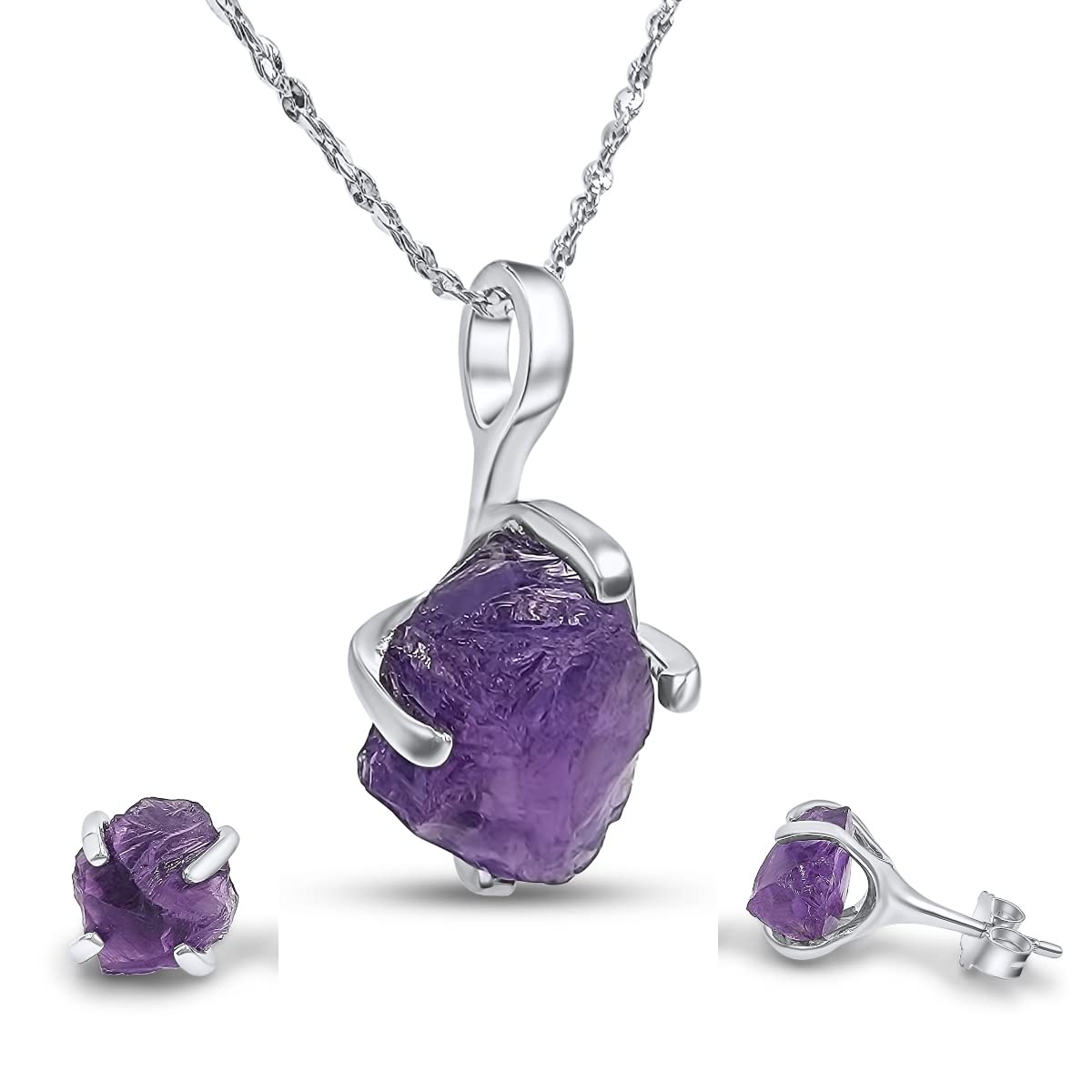 Real Raw Amethyst Jewelry Set with 925 Sterling Silver Gift