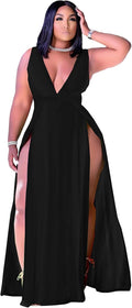 Ekaliy Women's Plus Size Sleeveless Deep V Neck Front Split Maxi Dress