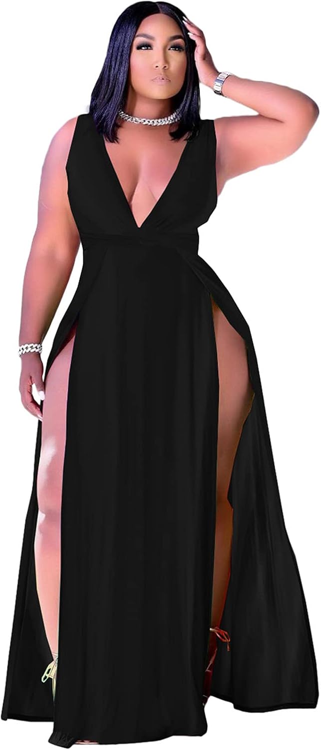 Stylish Plus Size Sleeveless Deep V Neck Maxi Wrap Dress
