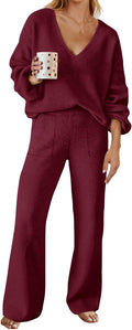 Women's Knit 2-Piece Lounge Set - Cozy Wide Leg Sweater Set