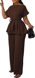 Women's 2 Piece Peplum Top and Flared Pants Suit Set - Polished Ekaliy