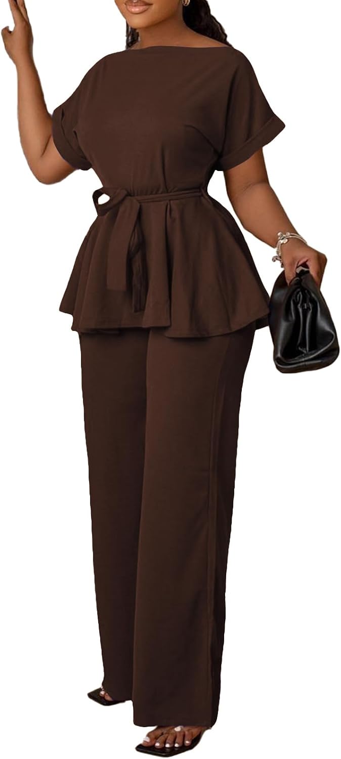 Women's 2 Piece Outfits Suit Set with Peplum Top and Flared Pants