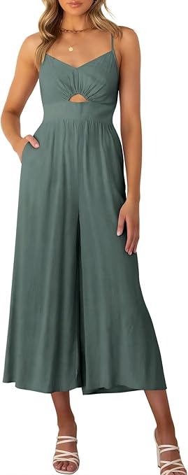 Prinbara Women's Summer V Neck Spaghetti Straps Jumpsuit with Pockets