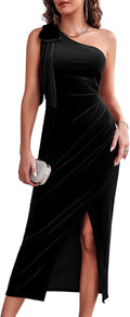 Wenrine One Shoulder Velvet Bodycon Dress - Slim Faux Wrap Evening