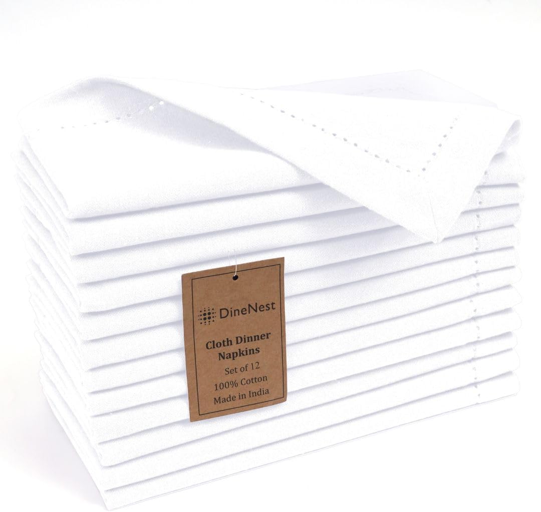 Hemstitch Dinner Napkins Set of 12 - 100% Cotton Elegance