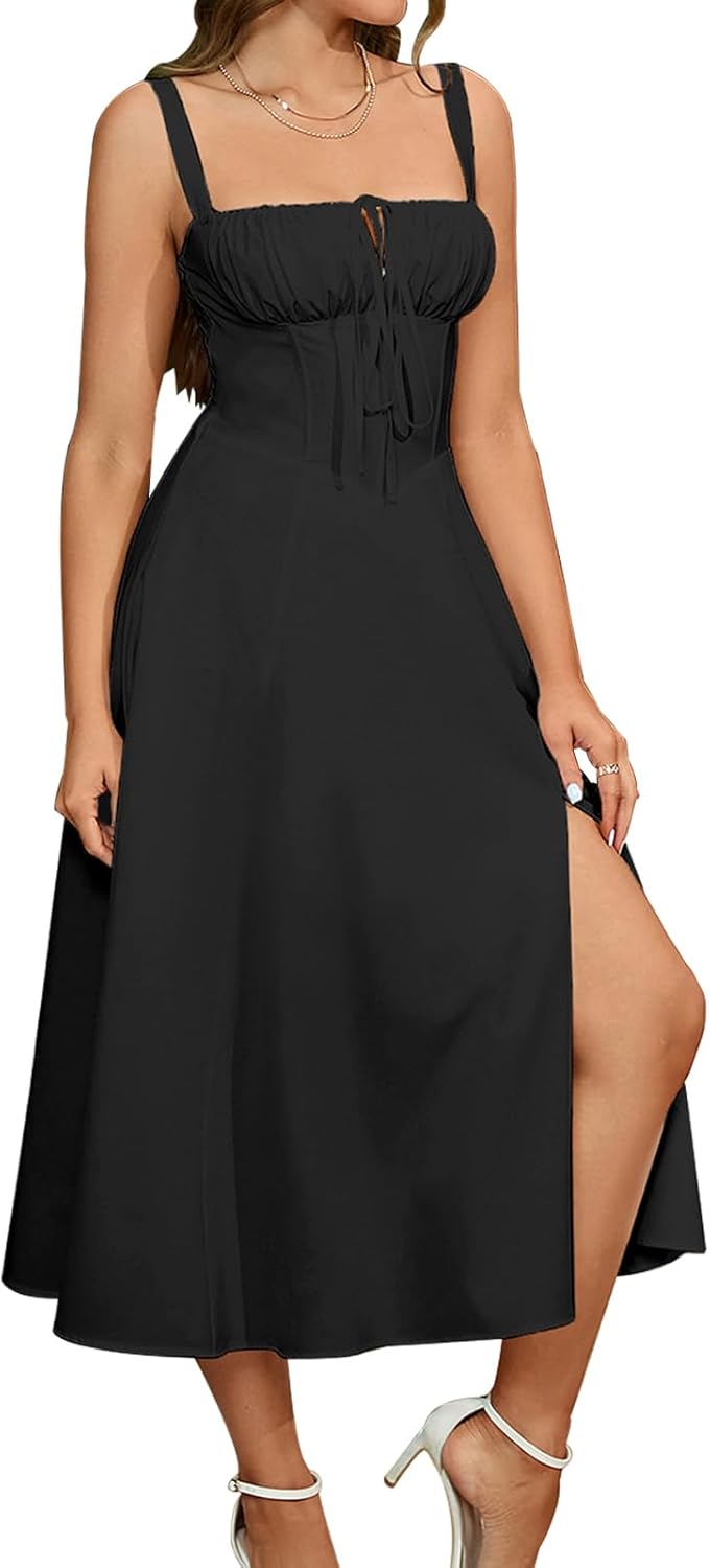 Floral Midi Corset Dress for Women - Boho A Line Sundress