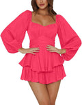 LYANER Women's Lantern Sleeve Ruffle Tie Waist Romper - Flattering Fit