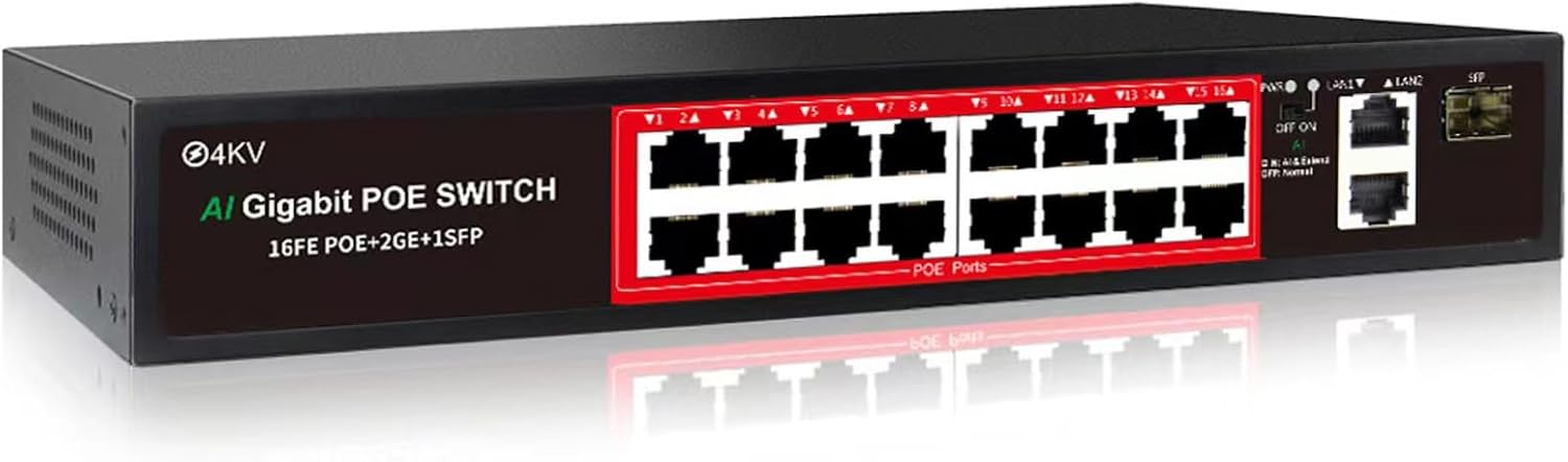 PoE Switch with 16 Ports and 2 Gigabit Uplink for Easy Networking