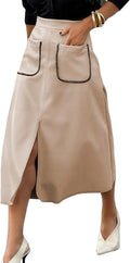 Faux Suede Midi Skirt for Women with Pockets and A-Line Style