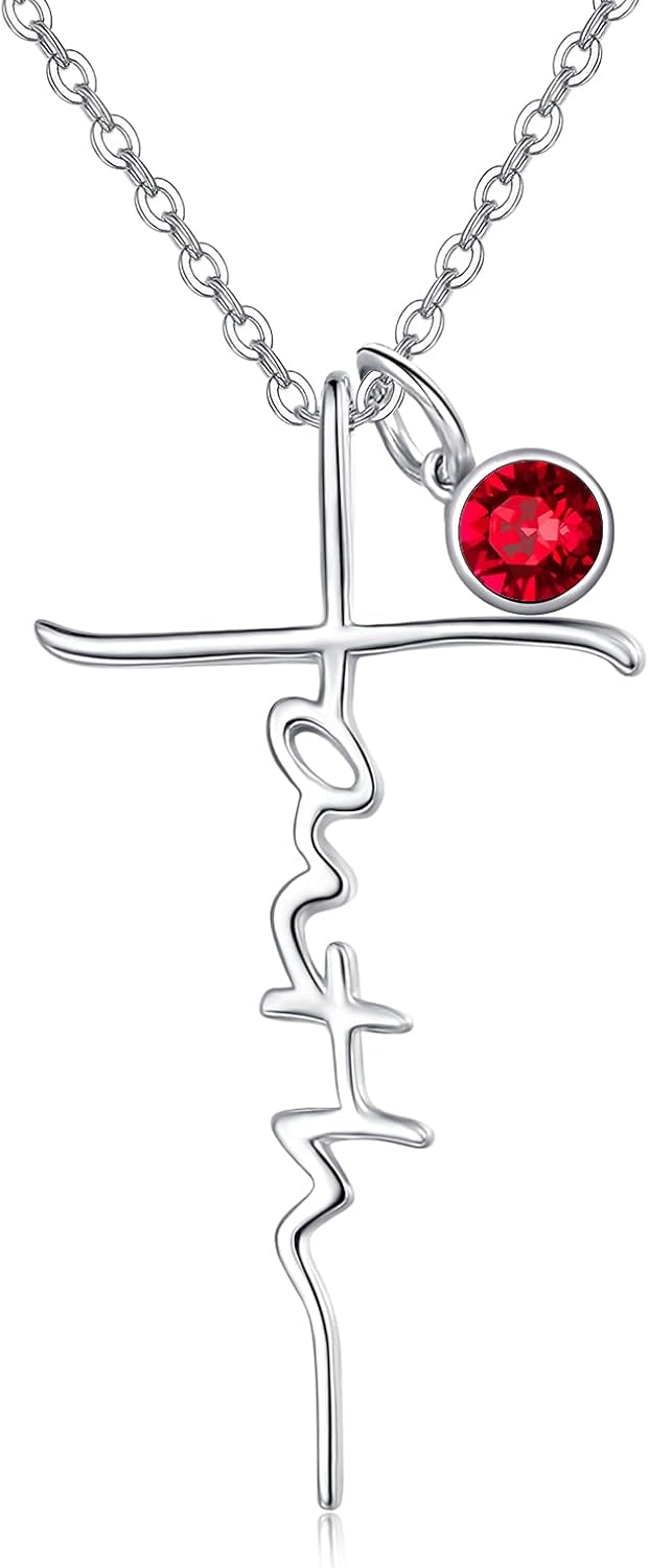 Faith Cross Necklace for Women in 925 Sterling Silver with Birthstone