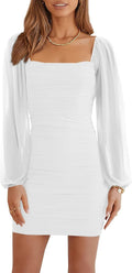 Mesh Long Sleeve Square Neck Ruched Mini Bodycon Dress (Style JWM6)