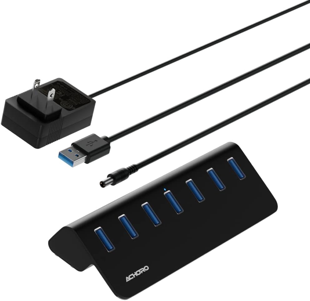 Achoro 7 Ports Powered USB Hub for High-Speed Data Transfer