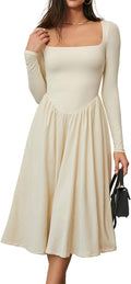 Women Spring Fashion 2025 Square Neck Long Sleeve A-Line Midi Dress