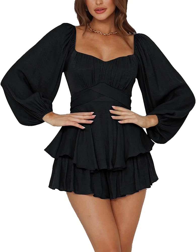 LYANER Women's Jumpsuit Ruffle Layer Tie Mini Short Romper