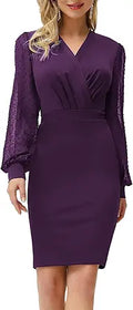 Women's Pencil Work Dress Long Sleeve Wrap V Neck - Elegant Bodycon