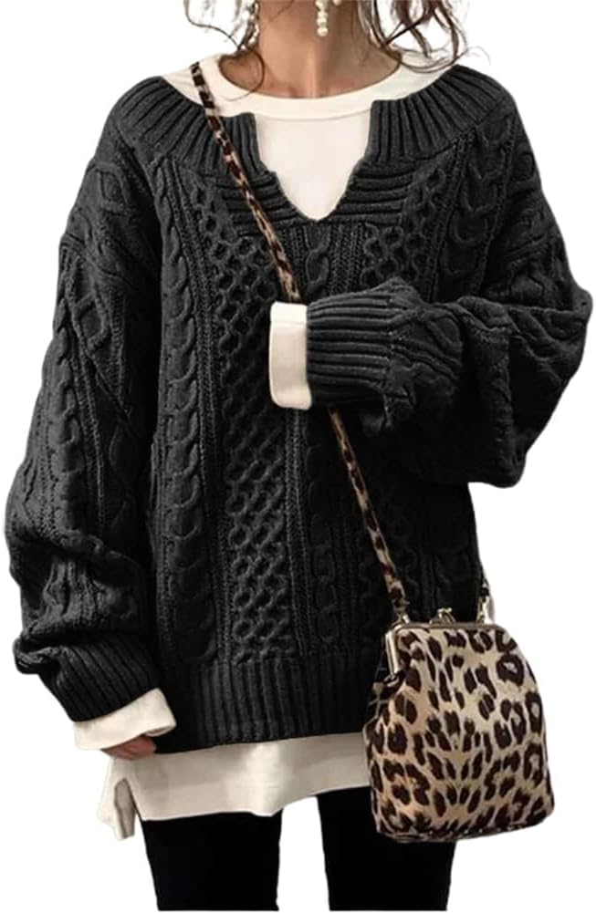 Chouyatou Women's Winter Chunky V Neck Cable Knit Sweater