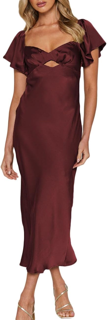 Summer Satin Flutter Sleeve Wedding Guest Dresses for Women