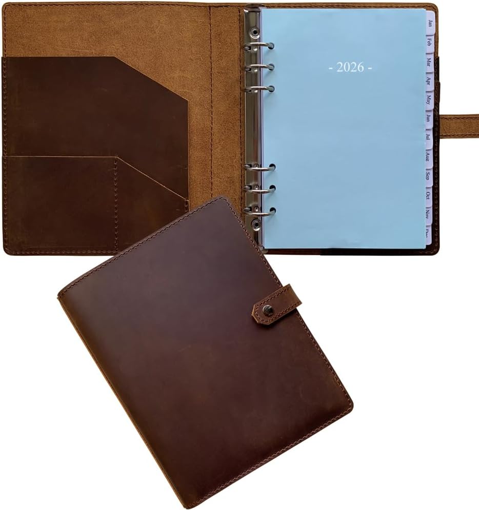 2026 Leather Planner - A5 Genuine Leather 6-Ring Binder for All