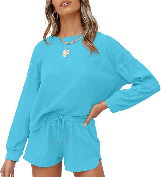 ZESICA Women's Waffle Knit Long Sleeve Top and Shorts Set