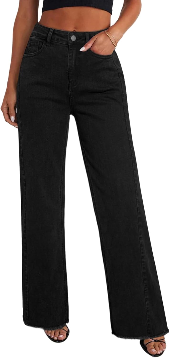 Wide Leg High Waisted Raw Hem Jeans for Women - Stylish Denim
