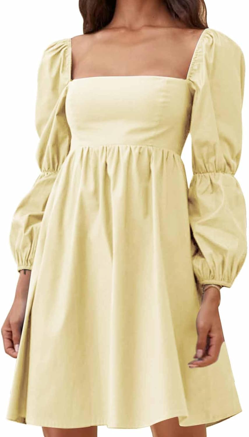 EXLURA Womens Square Neck Dress with Puff Sleeves for All Occasions