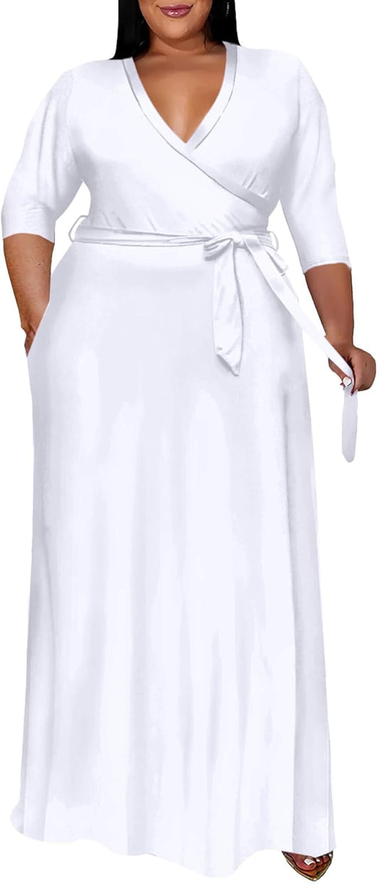 Runwind Plus Size Dress for Women - Elegant V Neck Maxi Style
