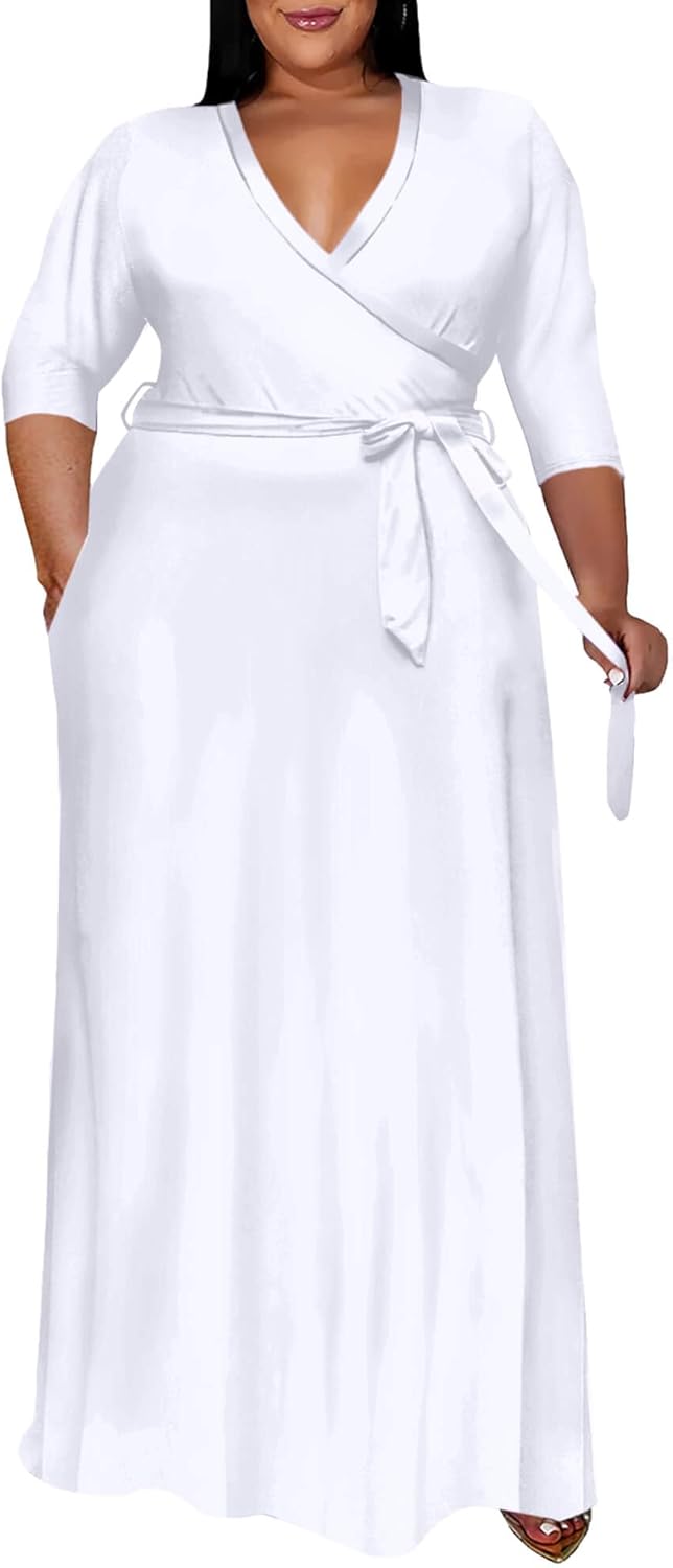 Runwind Plus Size Maxi Dress for Women - Elegant V Neck Style